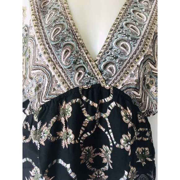 Angie Women's Boho Hippie Tunic Shirt Top Size M Black / Gray Floral Border - Picture 3 of 4